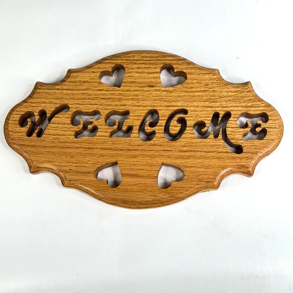 Wooden Oak Welcome Sign Plaque Heart Rustic Country Core Farmhouse Signed - Picture 1 of 4